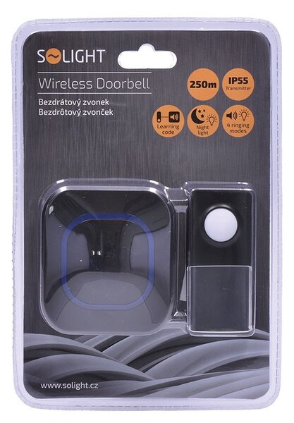 SOLIGHT Bezdrátový zvonek 1L49 Black, Learning Code, 1x tlačítko