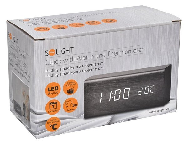 SOLIGHT Hodiny s budíkem, LED podsvícení, tři budíky, nastavitelná intenzita podsvícení, teploměr