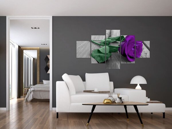 Obraz - Fialová růže se zeleným stonkem (125x70 cm)