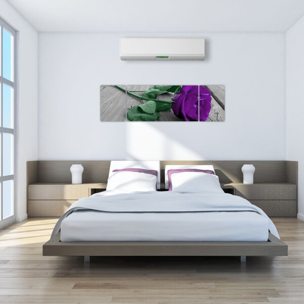 Obraz - Fialová růže se zeleným stonkem (170x50 cm)