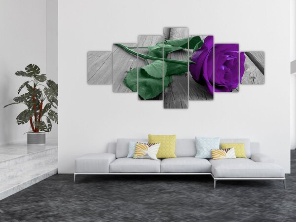 Obraz - Fialová růže se zeleným stonkem (210x100 cm)