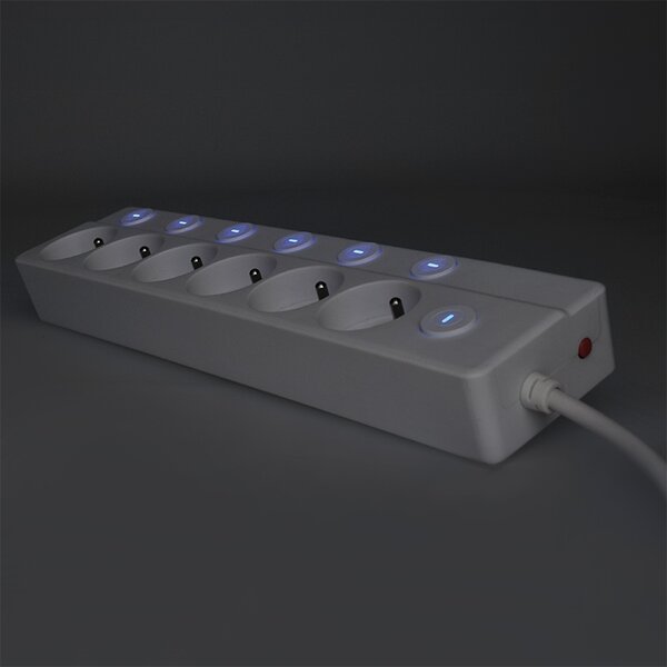 SOLIGHT 6z prodlužovací přívod, 2m, 3 x 1mm2, bílý, 6+1 vypínač