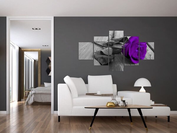 Obraz - Fialová růže se zeleným stonkem (125x70 cm)
