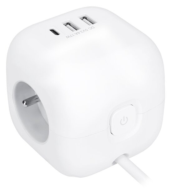 SOLIGHT Prodlužovací přívod - kostka 3z + USB A+C , kabel 2m, 3 x 1mm2, bílý, vypínač