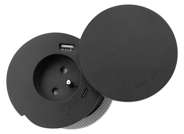 SOLIGHT Vestavná zásuvka + USB A+C + Wireless 10W, otočné víčko, kabel 2m, černá