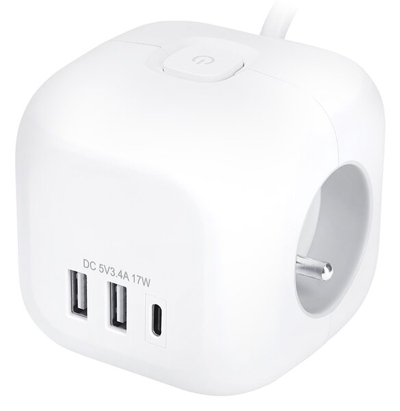 SOLIGHT Prodlužovací přívod - kostka 3z + USB A+C , kabel 2m, 3 x 1mm2, bílý, vypínač