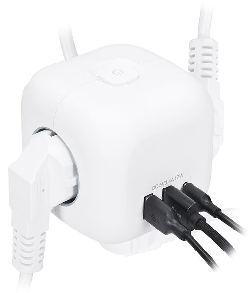 SOLIGHT Prodlužovací přívod - kostka 3z + USB A+C , kabel 2m, 3 x 1mm2, bílý, vypínač