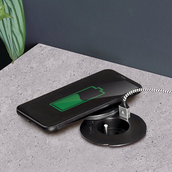 SOLIGHT Vestavná zásuvka + USB A+C + Wireless 10W, otočné víčko, kabel 2m, černá