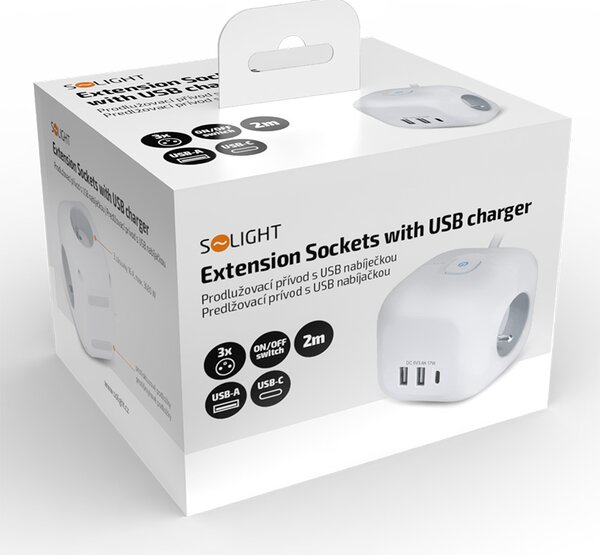 SOLIGHT Prodlužovací přívod - kostka 3z + USB A+C , kabel 2m, 3 x 1mm2, bílý, vypínač