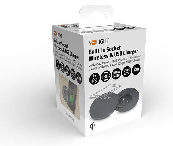 SOLIGHT Vestavná zásuvka + USB A+C + Wireless 10W, otočné víčko, kabel 2m, černá