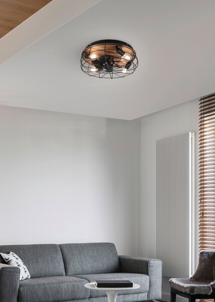 Stropní svítidlo s ventilátorem TRONDHEIM světlé dřevo/černý kov