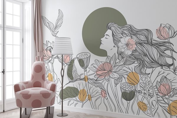 Fototapety Žena v přírodě, perokresba, lotosové květy, velké listy, létající ptáci, pastelové barvy, Fototapety květiny, w07988v6 : uwalls.cz