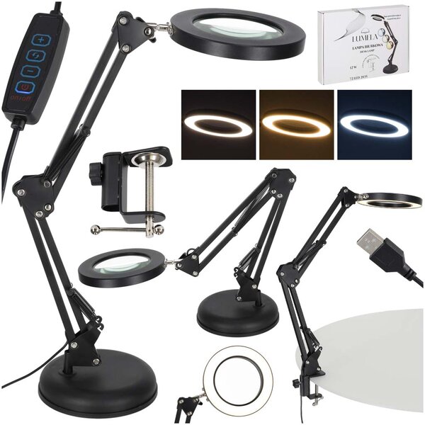 LED stolní lampička s lupou USB a otočným ramenem