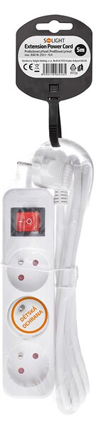 SOLIGHT Prodlužovací přívod 3m, 3 zásuvky, vypínač, 16A/3680W, PVC, bílý