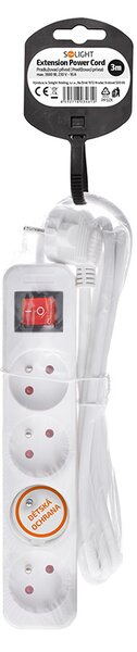 SOLIGHT Prodlužovací přívod 3m, 4 zásuvky, vypínač, 16A/3680W, PVC, bílý