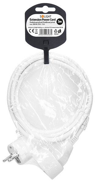 SOLIGHT Prodlužovací přívod 3m, 1 zásuvka, 16A/3680W, PVC, bílý