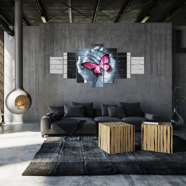 Obraz - Růžový motýl ve zdi (210x100 cm)