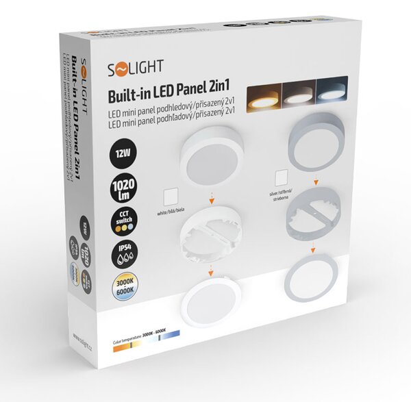 SOLIGHT LED mini panel koupelnový 2v1, 3CCT, 12W, 1020lm, IP54, bílý