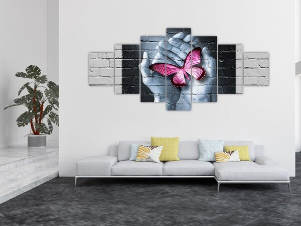 Obraz - Růžový motýl ve zdi (210x100 cm)