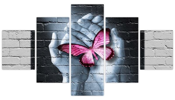 Obraz - Růžový motýl ve zdi (125x70 cm)