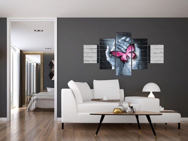 Obraz - Růžový motýl ve zdi (125x70 cm)