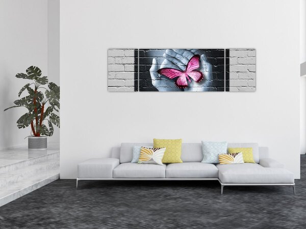 Obraz - Růžový motýl ve zdi (170x50 cm)