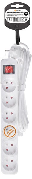 SOLIGHT Prodlužovací přívod 3m, 6 zásuvek, vypínač, 16A/3680W, PVC, bílý