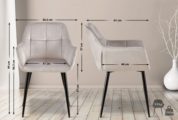 Jídelní židle Emia (SET 2 ks) - samet, kovové nohy černé - Světle šedá