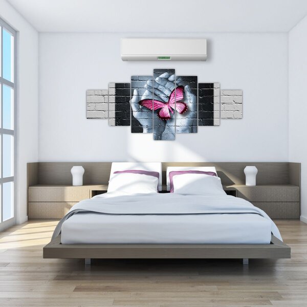Obraz - Růžový motýl ve zdi (210x100 cm)