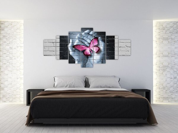 Obraz - Růžový motýl ve zdi (210x100 cm)