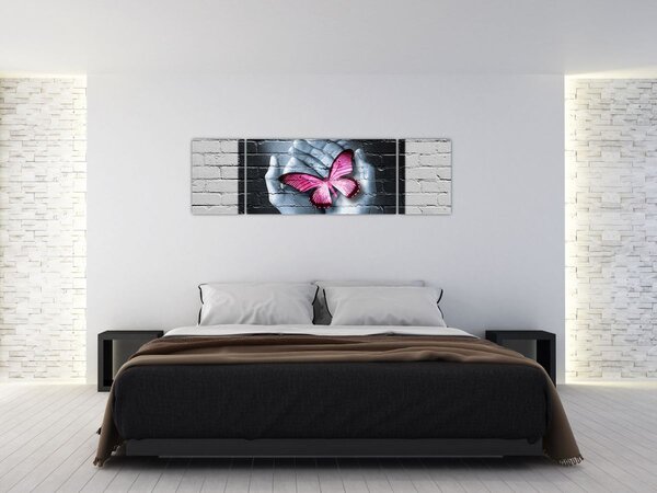 Obraz - Růžový motýl ve zdi (170x50 cm)