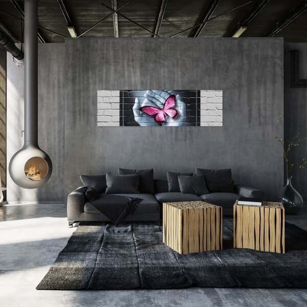 Obraz - Růžový motýl ve zdi (170x50 cm)