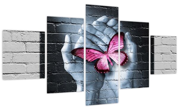 Obraz - Růžový motýl ve zdi (125x70 cm)