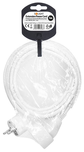 SOLIGHT Prodlužovací přívod 5m, 1 zásuvka, 16A/3680W, PVC, bílý