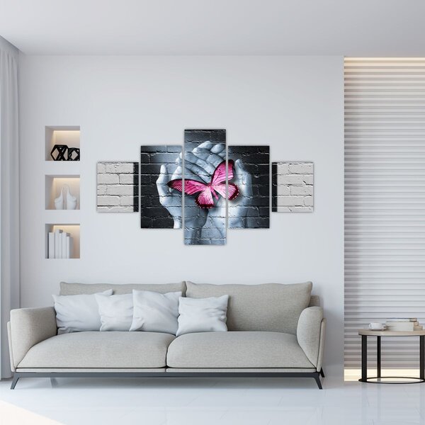 Obraz - Růžový motýl ve zdi (125x70 cm)