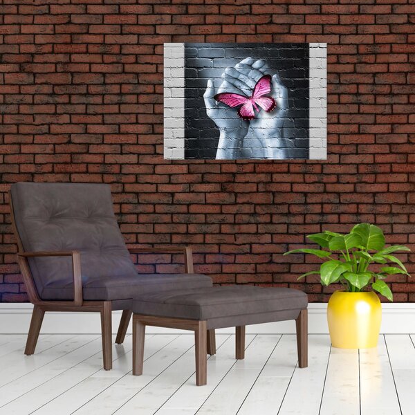 Obraz - Růžový motýl ve zdi (70x50 cm)