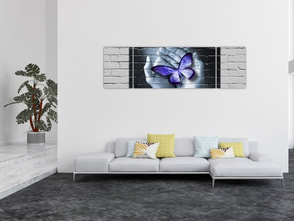 Obraz - Fialový motýl na zdi (170x50 cm)