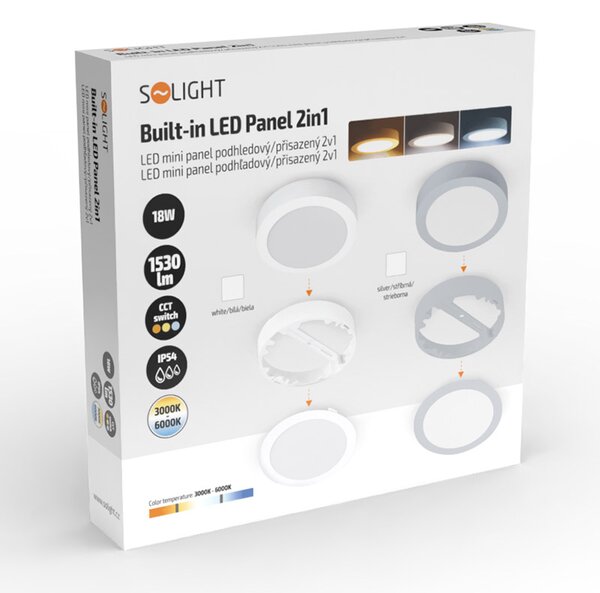 SOLIGHT LED mini panel koupelnový 2v1, 3CCT, 18W, 1530lm, IP54, bílý