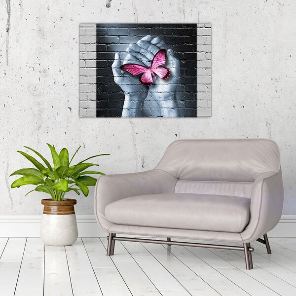 Obraz - Růžový motýl ve zdi (70x50 cm)