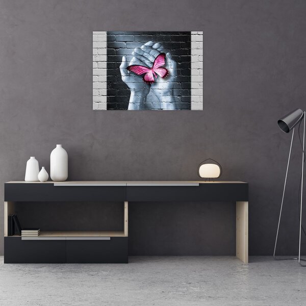 Obraz - Růžový motýl ve zdi (70x50 cm)