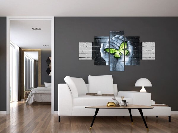 Obraz - Zelený motýl ve zdi (125x70 cm)