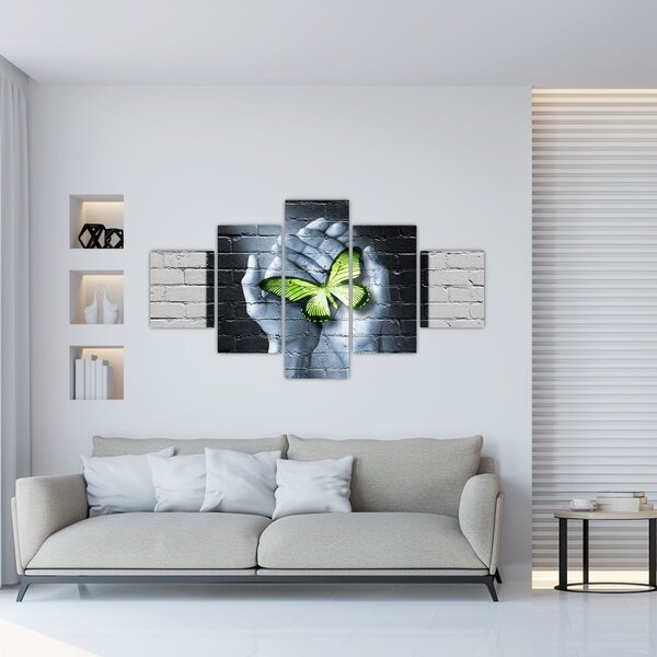 Obraz - Zelený motýl ve zdi (125x70 cm)