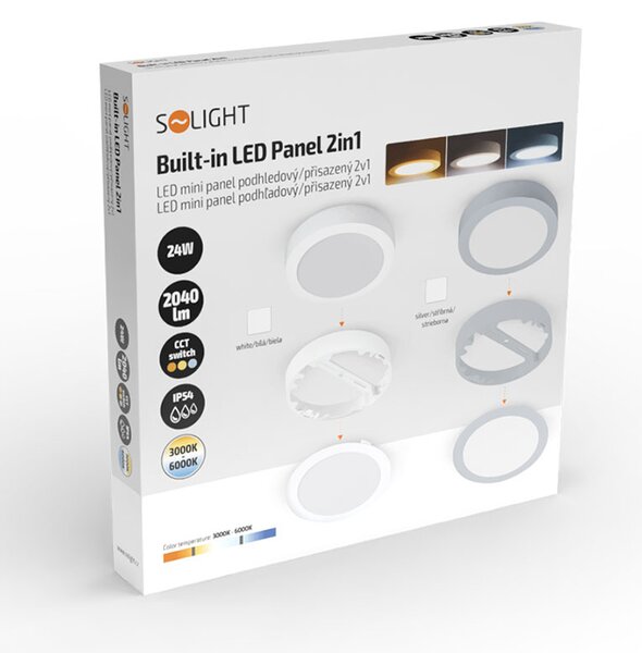 SOLIGHT LED mini panel koupelnový 2v1, 3CCT, 24W, 2040lm, IP54, bílý