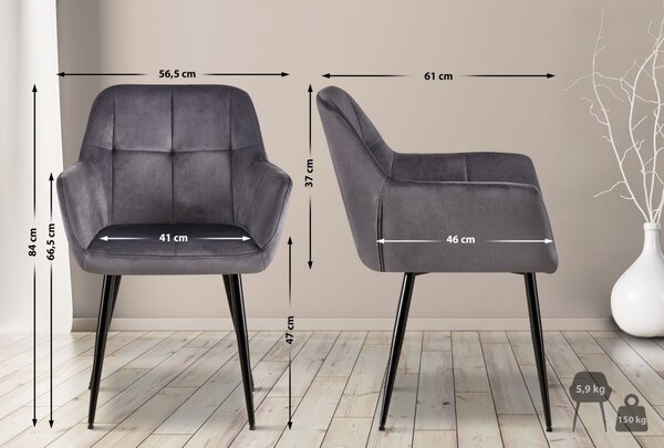 Jídelní židle Emia (SET 2 ks) - samet, kovové nohy černé - Šedá