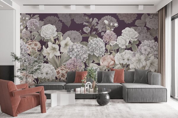 Fototapety Kouzelná letní zahrada na karmínovém pozadí, Fototapety květiny, w08140v2 : uwalls.cz