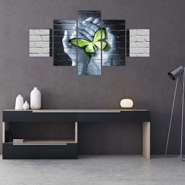 Obraz - Zelený motýl ve zdi (125x70 cm)