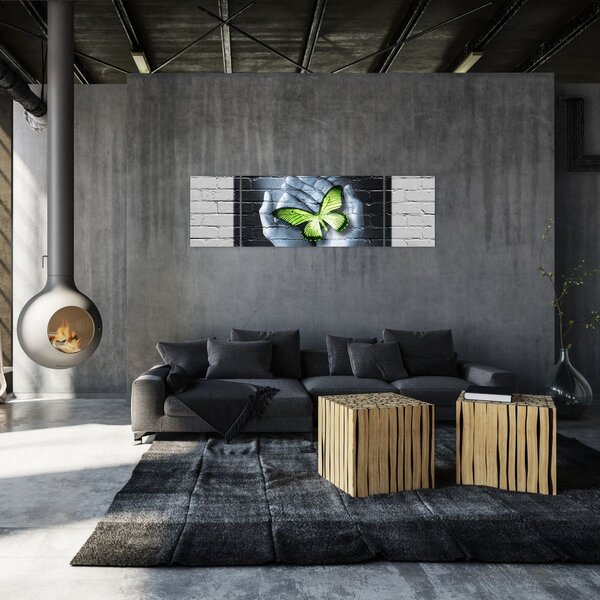 Obraz - Zelený motýl ve zdi (170x50 cm)