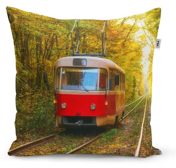 Sablio Polštář Červená tramvaj v lese - 40x40 cm