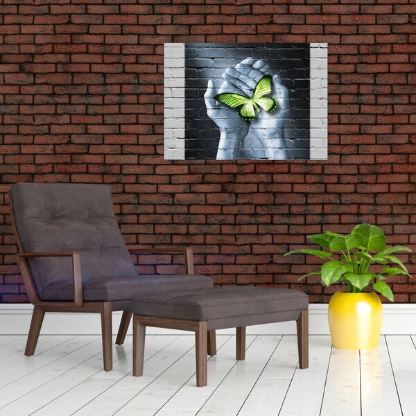 Obraz - Zelený motýl ve zdi (70x50 cm)