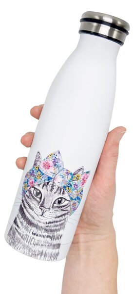 Nerezová termolahev Lady Čiči, 500 ml – bílá, matný povrch, motiv kočky